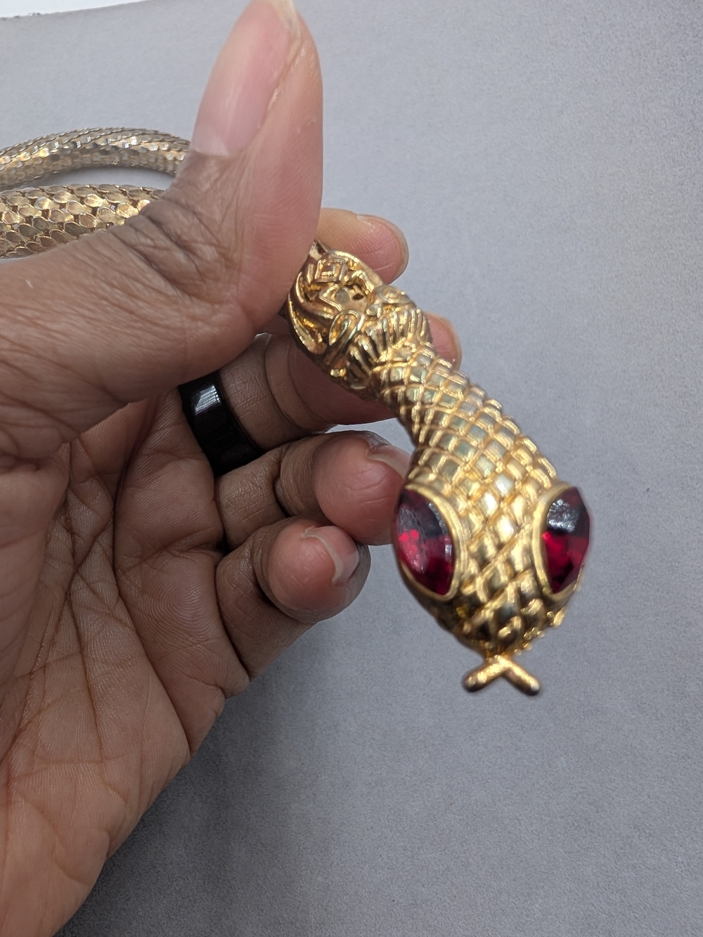 Vintage Mesh Snake Serpent Necklace Gold Red Rhinestone Eyes EUC 0628 - Picture 6 of 8